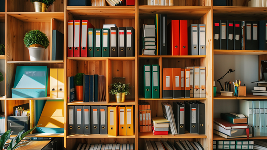 Modern wooden shelves filled with colorful binders, filing boxes, books, and desk accessories neatly arranged