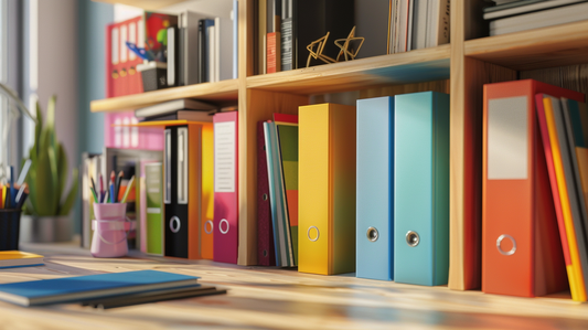 Modern office shelves with colorful binders, filing folders, and desk accessories arranged neatly