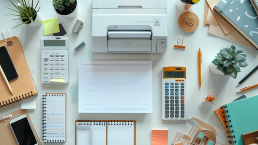 Modern office desk with printer, calculators, notebooks, sticky notes, and paper products neatly arranged
