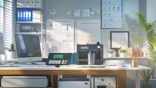 Modern office desk with computer, calculator, printer, and desk accessories neatly organized