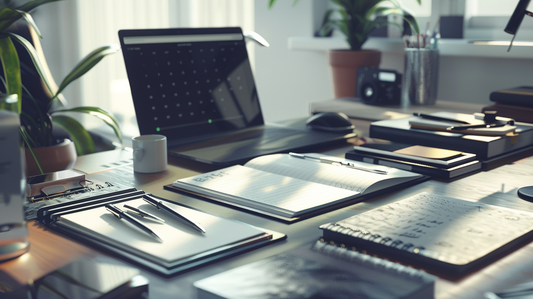 Modern office desk with planners, notebooks, pens, and paper products neatly arranged beside a laptop