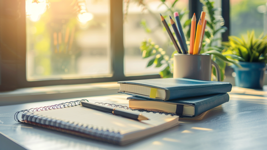 Notebooks and writing instruments placed on a desk with sunlight and plants