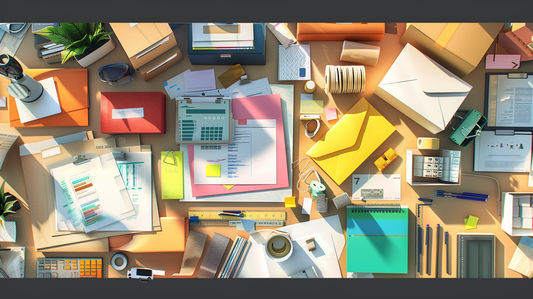 Office desk filled with presentation boards, shipping boxes, envelopes, and mailing supplies