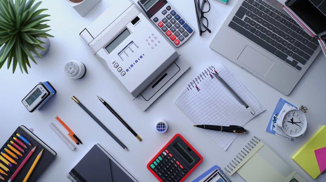 Office desk with electronics, calculators, pens, notebooks, and writing instruments