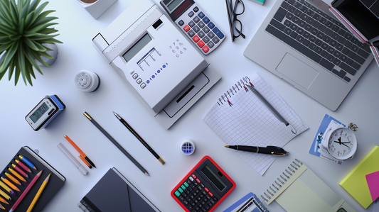 Office desk with electronics, calculators, pens, notebooks, and writing instruments