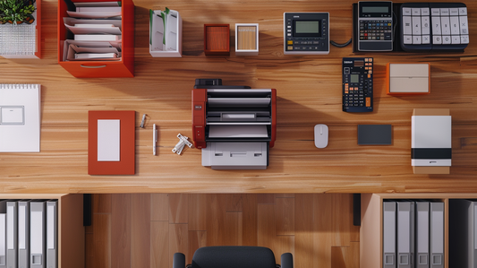 Organized wooden desk with multifunction printer, calculators, filing boxes, and office supplies neatly arranged
