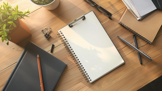 Wooden desk with spiral notebook, hardcover pads, and pens arranged for writing and productivity