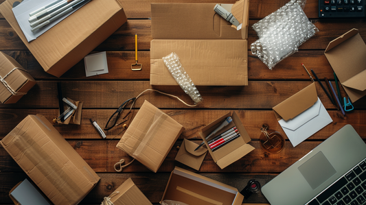 Wooden desk with cardboard boxes, bubble wrap, envelopes, and pens arranged for shipping and packaging tasks.  