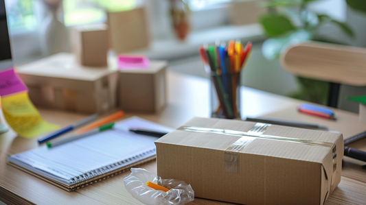 Cardboard box with tape, notebook, and colorful pens on an office desk for mailing and labeling tasks.  