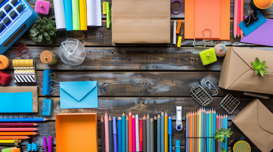 Office supplies arrangement with colorful pencils, envelopes, notebooks, paper sheets, and shipping boxes on a rustic wooden desk, emphasizing creativity, packaging, and writing tools.