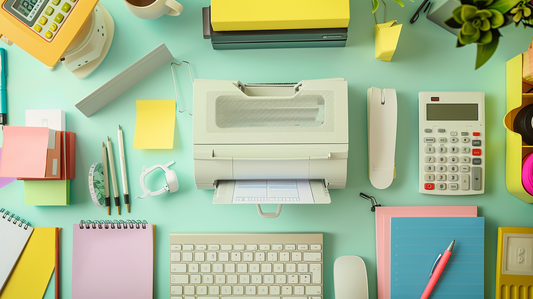 "Modern desk with calculator, printer, keyboard, notebooks, and various organized office supplies"