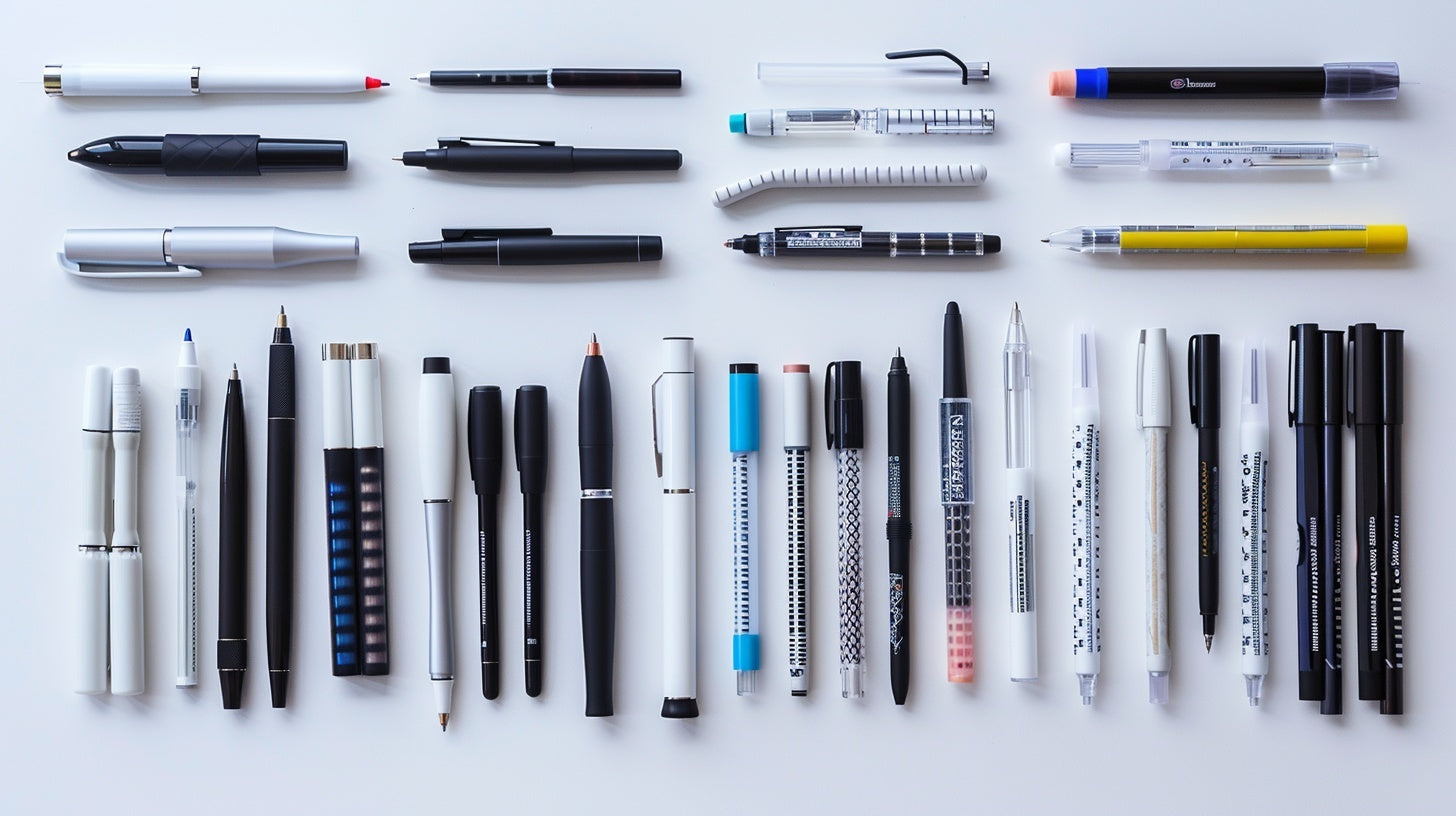 “Assorted pens and writing tools neatly arranged on a white desk surface, including gel pens, ballpoint pens, markers, and mechanical pencils — clean and minimal stationery layout.”
