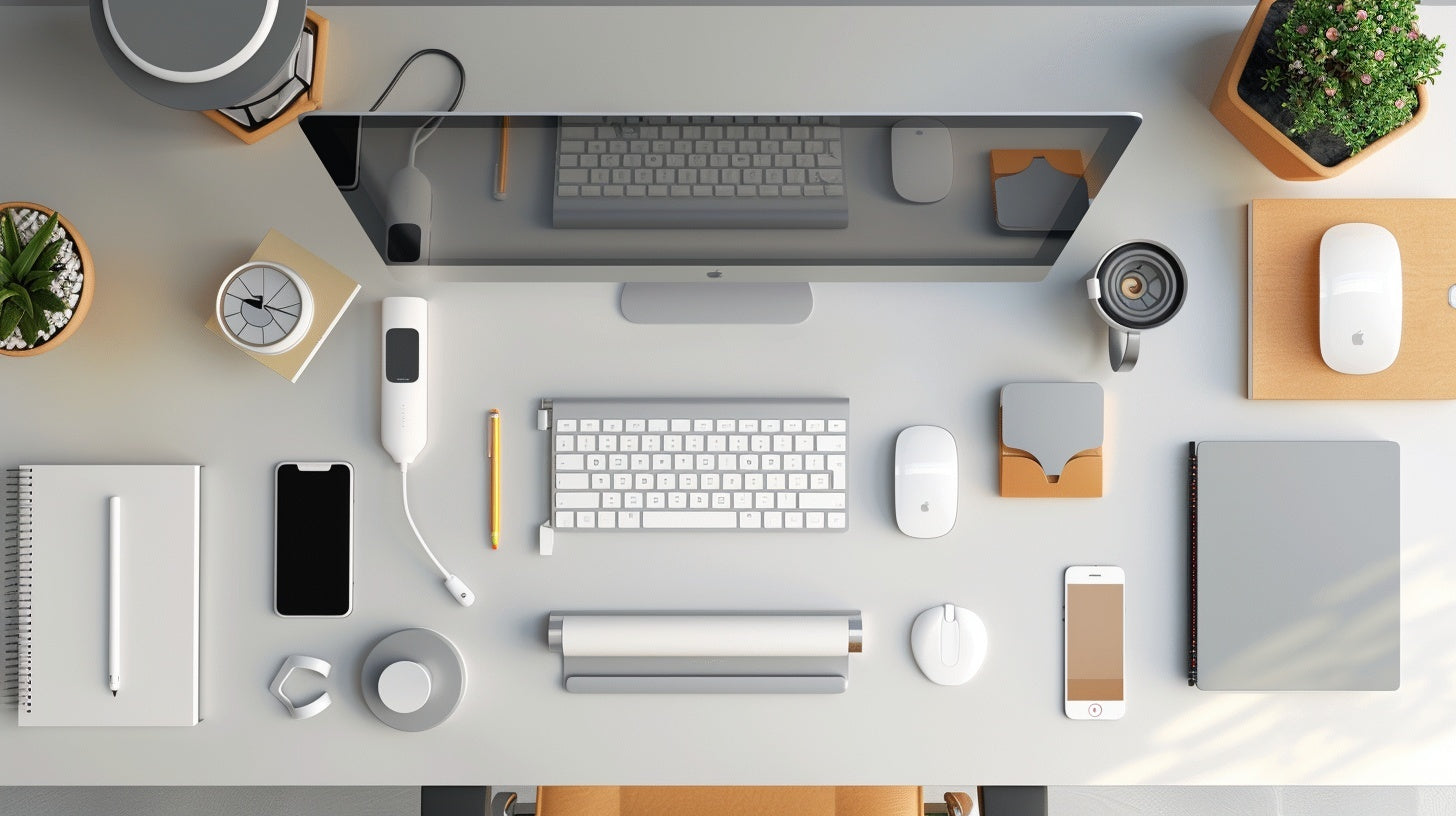 “Minimal desk layout with a widescreen monitor, wireless keyboard, mouse, phone, mini vacuum, earbuds case, notebook, lamp, pencils, and small plants arranged neatly — Tech Accessories collection by Deskform.”