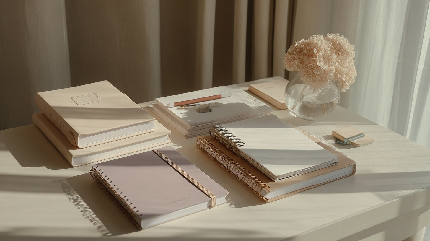 “Soft neutral-toned desk setup with spiral notebooks, planners, pencils, and a glass vase with pale flowers arranged on a sunlit table.”