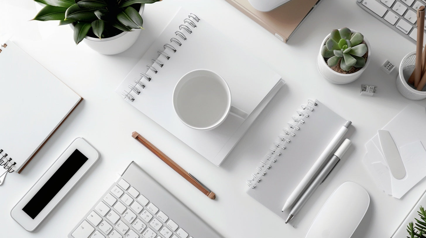 Minimal Desk Setup in White Tones, Notebooks, Keyboard, Plants, Clean Workspace Flatlay — Deskform