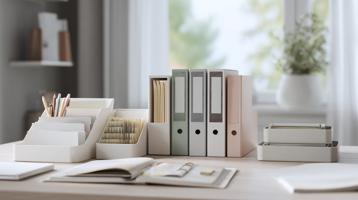 “A clean workspace with pastel file binders, document trays, and paper organizers arranged neatly on a bright desk, with stationery and soft natural light — File & Document Holders collection by Deskform.”