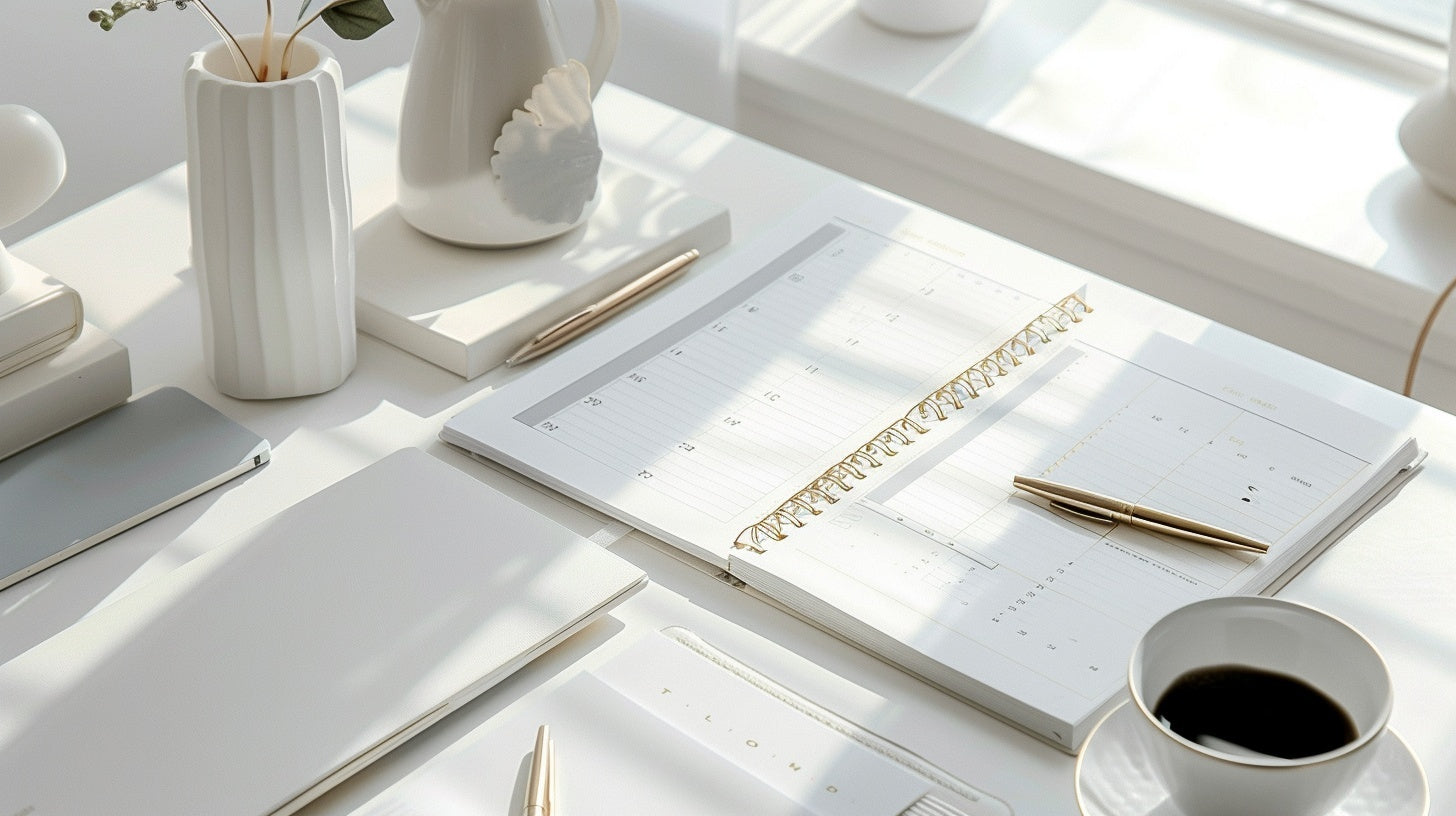 A bright minimalist workspace with open planners, gold pens, a coffee cup, and white ceramic vases arranged neatly on a sunlit desk.