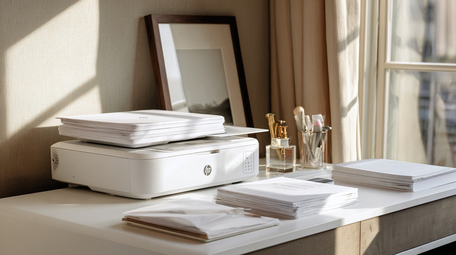 “A compact white home office printer on a bright desk, stacked with clean sheets of paper beside organized stationery, framed artwork, and soft natural window light — Home & Office Printers collection by Deskform.”