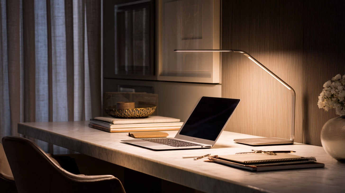 “A warm, modern workspace with a slim LED desk lamp illuminating a laptop, notebooks, and pens on a clean marble desk, set against soft curtains and minimal decor — Desk Lamps collection by Deskform.