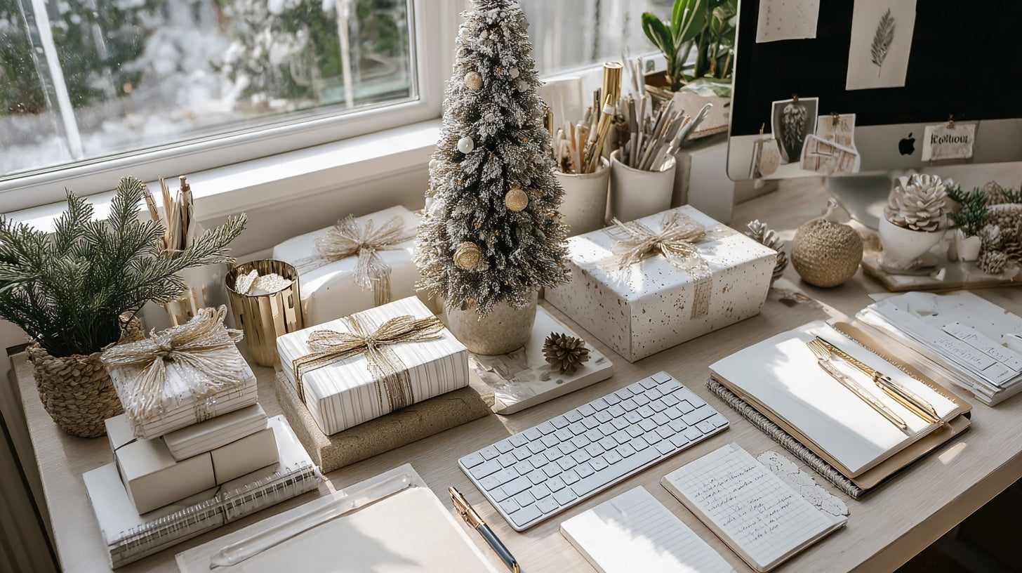 “Cozy Christmas-themed desk setup featuring a small decorated tree, wrapped gift boxes, notebooks, keyboard, pens, and winter greenery arranged neatly in warm natural light — festive workspace collection by Deskform.”