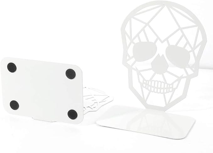 Metal Skull Design White Bookend - Heavy-Duty Bookends for Shelves, Skull Book Ends for Heavy Books, Book Shelf Holder Home Office Decorative Desktop Organizer (2 Pair-White)