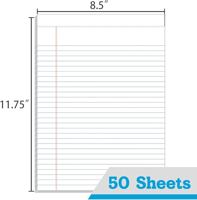KAISA Legal Pads 8.5x11 inch Writing Pads, Wide Ruled Notepads Large Note Pads, White 50 Sheets 12 Pads,WT-MWT50W