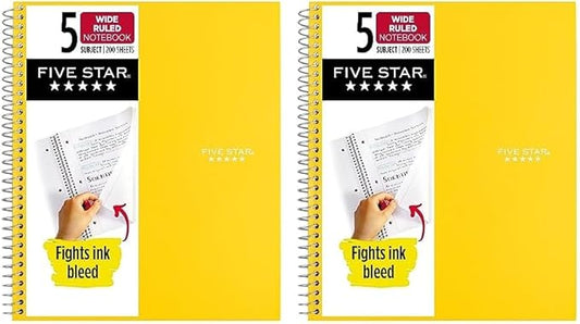 Five Star Spiral Notebook, 5 Subject, Wide Ruled Paper, Fights Ink Bleed, Water Resistant Cover, 8" x 10-1/2", 200 Sheets, Color Will Vary (05206) (Pack of 2)