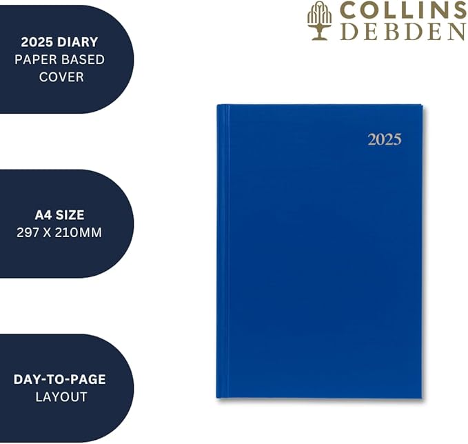Collins Essential 2025 Business Diary - A4 Day to a Page Planner with Leathergrain Hardback Cover - Blue - ESSA41.60-25