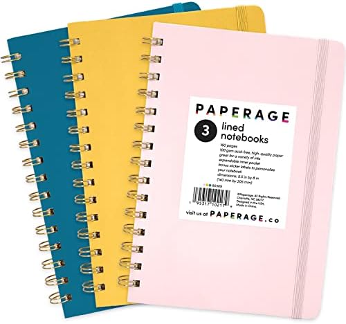 PAPERAGE Lined Spiral Journal Notebook, (Blush, Mustard Yellow, Turquoise), 3 Pack, 160 Pages, Medium 5.5 inches x 8 inches - 100 GSM Thick Paper, Hardcover, Double-Wire Spiral Journal & Notebook