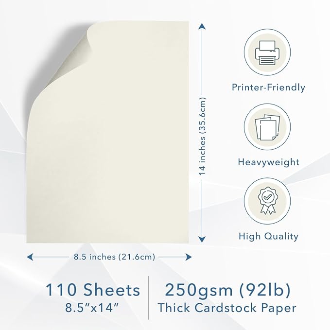 MOS Legal Cardstock Paper – 8.5” x 14”, 250 GSM, 110 Sheets – Heavyweight Off-White Cover Stock for Certificates, Menus, Legal Documents & Crafts – Smooth Finish, Printer-Friendly