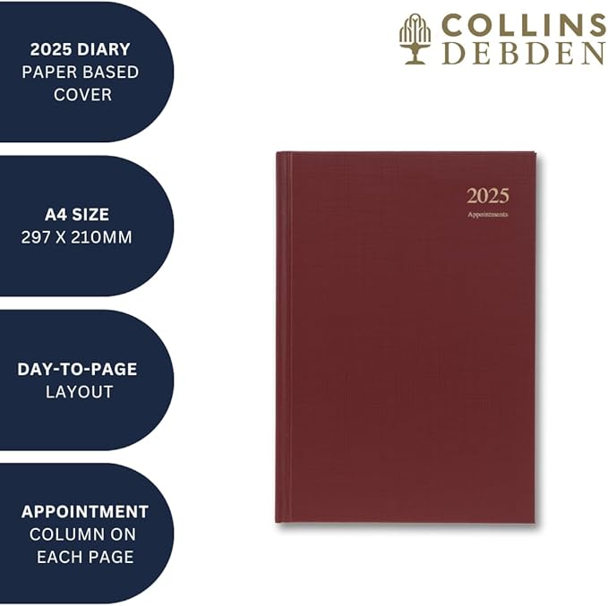 Collins Essential 2025 Business Diary - A4 Day to a Page with Appointments Planner with Leathergrain Hardback Cover - Maroon - ESSA41A.78-25