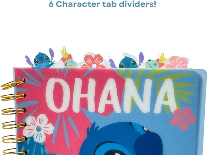 Innovative Designs Disney Stitch Tab Journal Notebook Ohana Spiral Bound, 144 Lined Pages, 8 x 7 inches, Blue