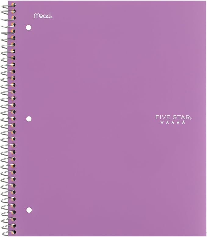Five Star Spiral Notebook + Study App, 3 Subject, Wide Ruled Paper, Fights Ink Bleed, Water Resistant Cover, 8" x 10-1/2", 150 Sheets, Amethyst Purple (38737)