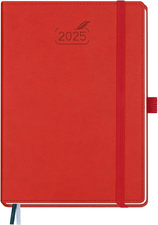 BEZEND 2025 Planner Daily Weekly & Monthly 5.8" x 8.5" (Jan - Dec 2025) Agenda 2025 Vertical Calendar Book with Hourly Schedule, Monthly Tabs, Pen Holder, Vegan Leather Hard Cover - Red