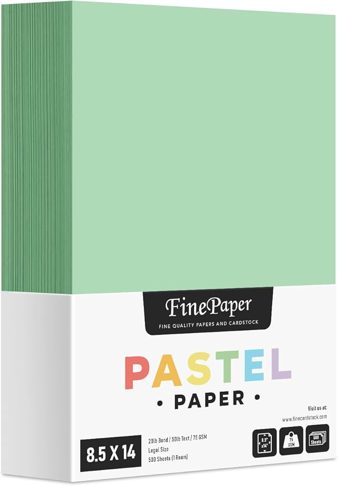 Green Pastel Color Paper – Great for Arts and Crafts and Stationery Printing – 8.5 x 14" (Menu/Legal Size) – 20lb Bond / 50lb Text / 75GSM – Copy, Writing and Printer Paper – 500 Sheets per Pack