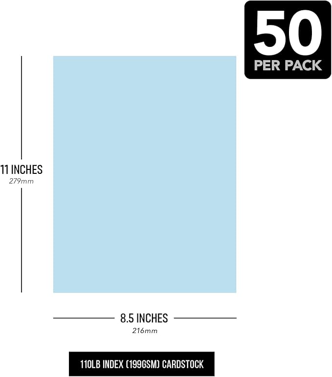 8.5 x 11" Blue Pastel Color Cardstock Paper - Great for Arts and Crafts, Wedding Invitations, Cards and Stationery Printing | Medium to Heavy Card Stock 110lb Index (199gsm) | 50 Sheets per Pack