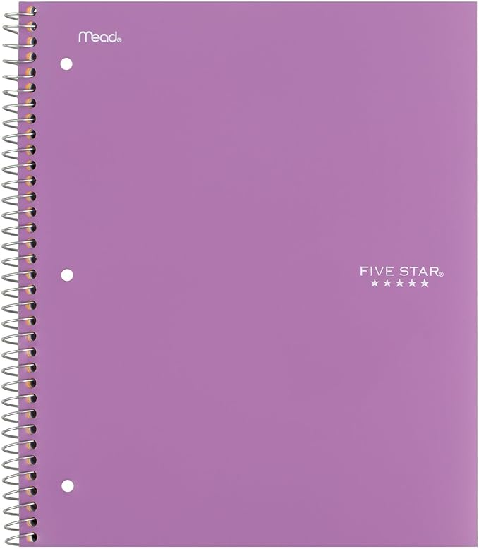 Five Star Spiral Notebook, 5 Subject, Wide Ruled Paper, Fights Ink Bleed, Water Resistant Cover, 8" x 10-1/2", 200 Sheets, Color Will Vary (05206) (Pack of 2)