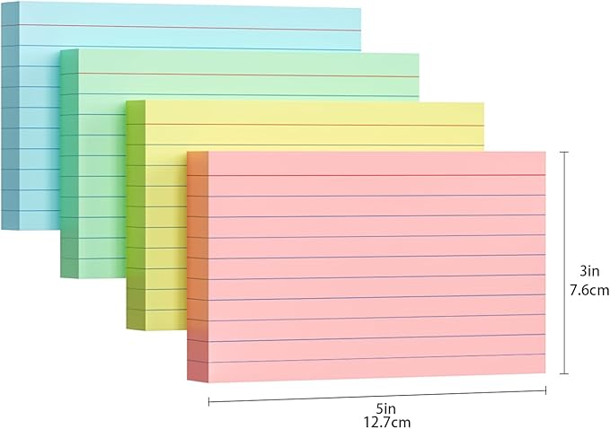 Colored Index Cards 3x5, 200 Pack, Ruled Index Cards, Flash Cards for Studying, Heavy Note Cards for Office, Home and School，Four Colors, Each Color Individually Wrapped, 50 Pack Per Package