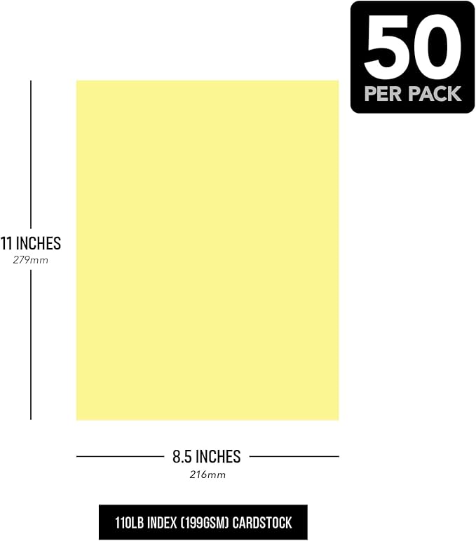 8.5 x 11" Canary Pastel Color Cardstock Paper - Great for Arts and Crafts, Wedding Invitations, Cards and Stationery Printing | Medium to Heavy Card Stock 110lb Index (199gsm) | 50 Sheets per Pack