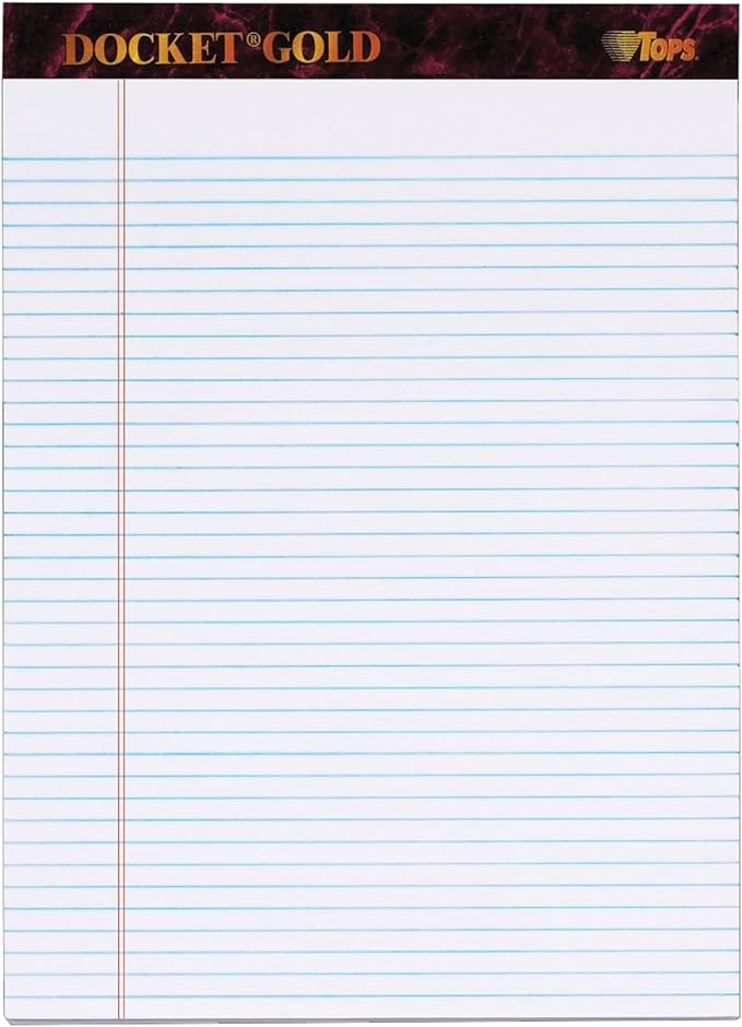 Tops Docket Gold Writing Tablet, 8-1/2 x 11-3/4 Inches, Perforated, White, Narrow Rule, 50 Sheets per Pad, 6 Pads per Pack (63942)