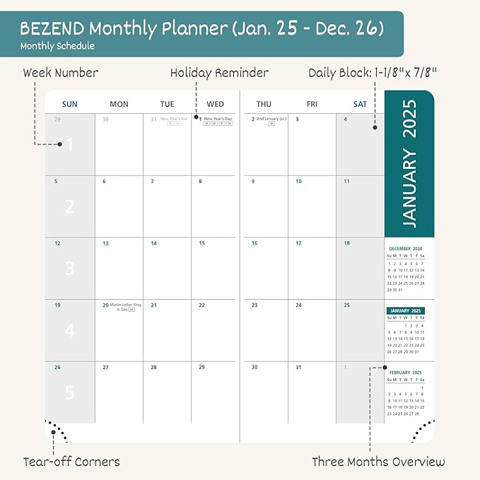 BEZEND 2 Year Pocket Calendar 2025-2026 - Small Monthly Planner for Purse 6.5" x 3.5", Runs Jan 2025 to Dec 2026, 100 GSM Paper, Pen Loop & Notes, PU Leather Hardcover in Sky Blue