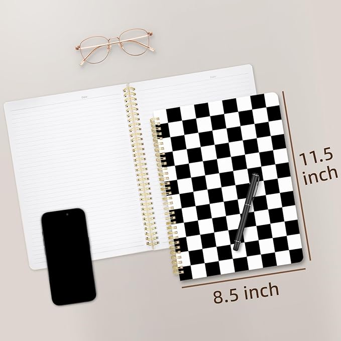 Cute Spiral Notebook journal A4 Aesthetic Pretty Design for Women Girls Kawaii with Pocket, 8.5 x 11 inch, Lined, Black Plaid