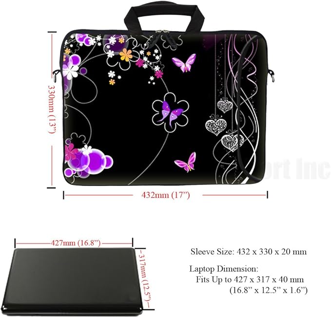Meffort Inc 17 17.3 inch Neoprene Laptop Bag Sleeve with Extra Side Pocket, Soft Carrying Handle & Removable Shoulder Strap for 16" to 17.3" Size Notebook Computer - Flying Butterfly Design