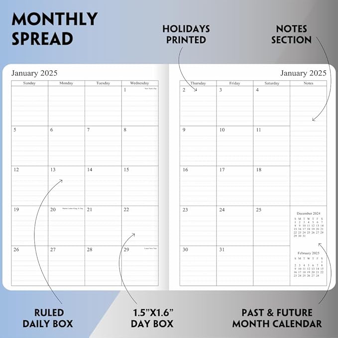 2025 Planner - Weekly and Monthly Planner Jan to Dec 2025, Vegan Leather Cover, Elastic Closure, 7”x9.25”, Teal