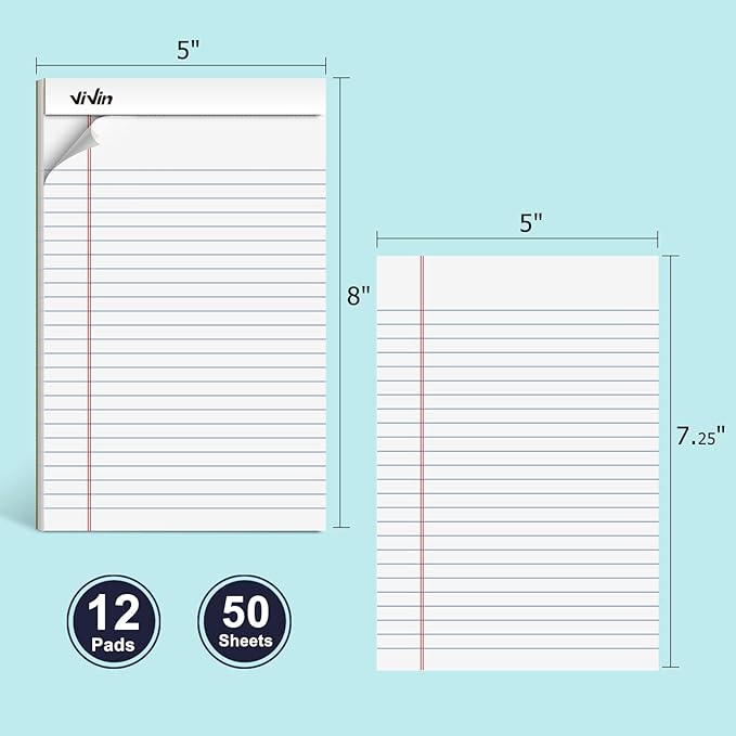 ViVin 5 x 8 Inch Note Pads, 12 Pack, Narrow Ruled, 50 Sheets Per Writing Pad, Perforated, Legal Pads Ideal for Home, Office, Business, 600 Sheets (12 Pack of 50)，White Paper