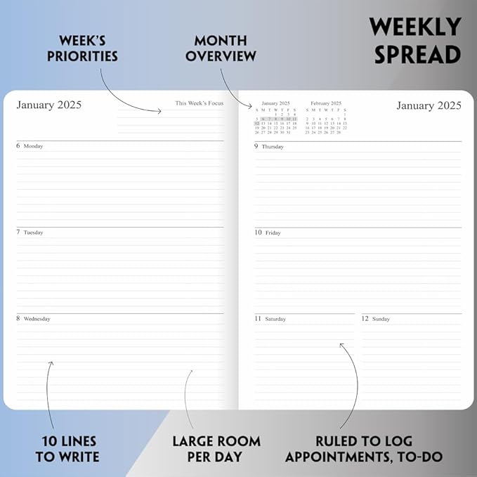 2025 Planner - Weekly and Monthly Planner Jan to Dec 2025, Vegan Leather Cover, Elastic Closure, 7”x9.25”, Teal