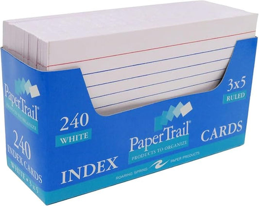 Roaring Spring Index Cards 3"x5", 240 Count, 100# White Single Sided Ruled Paper, In Convent Tray Holder, Blank on Back (Pack of 1)
