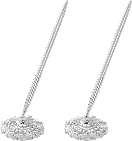 jiebor 2Pcs Silver Wedding Pen and Metal Pen Stand Holder Set Signing Desk Ballpoint Pen for Guest Book Bridal Teacher Wedding Engagement Graduation Business Home Office Gift Supplies Black Ink