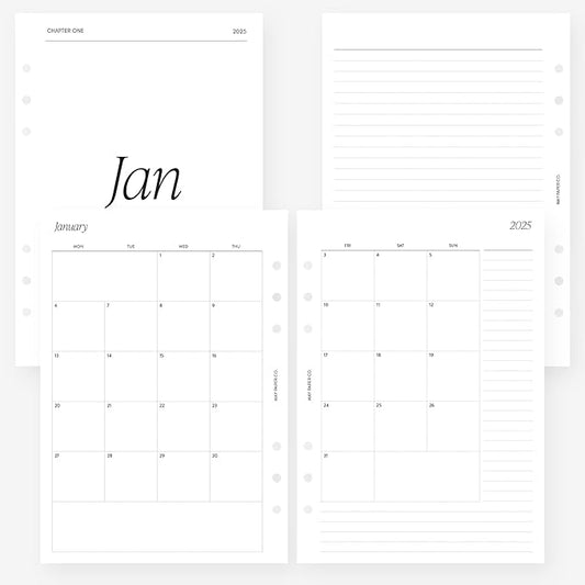 A5 2025 Month on Two Pages Monthly Planner Insert Agenda Refill for 6 ringed A5 Filofax, Kikki K, LV GM agendas (Monthly with Notes (Monday Start, Separable Months))