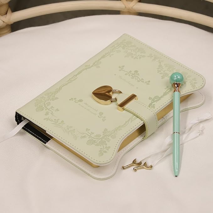 Diary with Lock and Keys for Girls Gift Ideas, 360 Gold Edged Pages Journal for Women, B6 Refillable Notebook for Writing with Pen and Bookmark (Garden Matcha)
